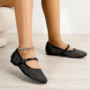 NWOT BERNESS FRIDA BLACK & Rhinestones Mesh Mary Jane Flats Sz. 8
